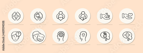 Set of icons representing mental support and assistance. Empathy, listening, support, icons, set, psychology, help, communication. Pastel color background. Vector line icon