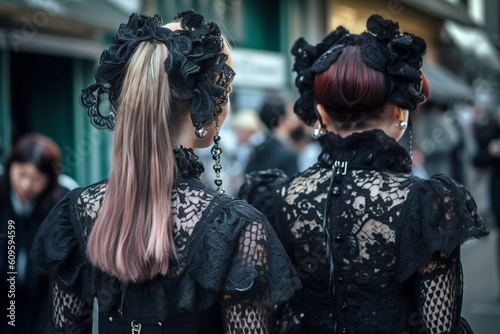 Back view of young women in Gothic Lolita fashion style. Generative AI illustration