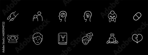 Collection of icons representing mental support and assistance. Empathy, listening, support. Vector white set icon