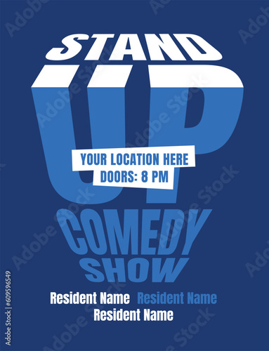 Creative typography club poster. Advertisement of an evening comedy show. Vector flat illustration.