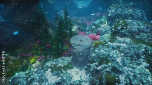 sunken ruins of ancient city or temple adorned with marine flora and fauna on sea bottom photo