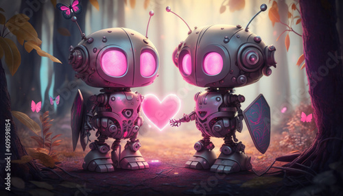 Cute pink retro robots, hearts on mission, pause to appreciate distant planet view. Generative AI © Postproduction