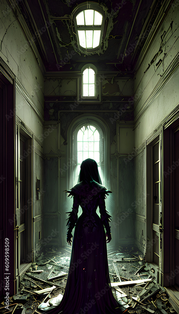 Shadowy spirit in abandoned hospital hallway horror.