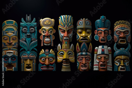 Collection Wooden Various Masks On A Dark Black Background Created With The Help Of Artificial Intelligence