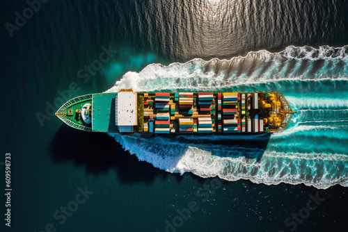 Aerial view of Cargo ship container in the ocean transportation, shipping freight transportation. Generative AI. © Klemenso