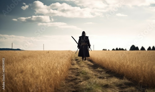 Lonely samurai stands with katana in open field Creating using generative AI tools