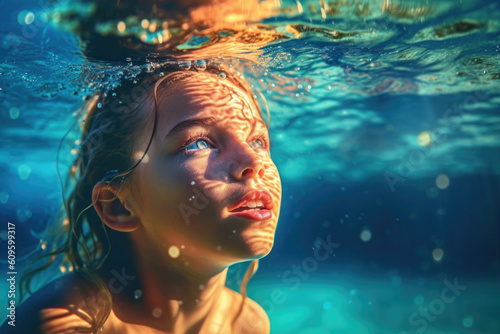 Mädchen taucht unter Wasser im Meer oder Schwimmbad, mit geöffneten Augen, Unterwasserreflexionen vom Sonnenlicht, Generative AI © Jennifer
