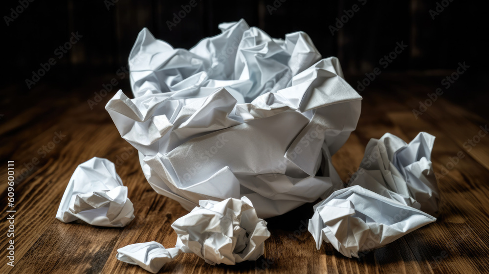 Closeup of Crumpled White Paper Draft. Illustrates brainstorming, failure, creativity, rejected ideas, back to square one, and a new concept. With Licensed Generative AI Technology Assistance. Closeup of Crumpled White Paper Draft. Illustrates brainstorming, failure, creativity, rejected ideas, back to square one, and a new concept. With Licensed Generative AI Technology Assistance.
