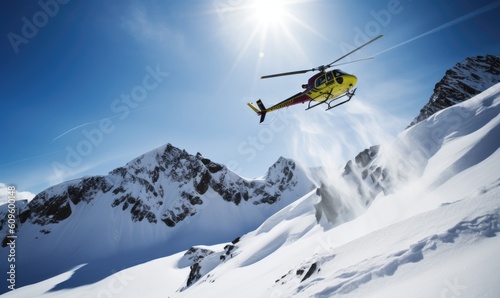 Freeriders getting airborne as helicopter takes off from snowy valley. Creating using generative AI tools