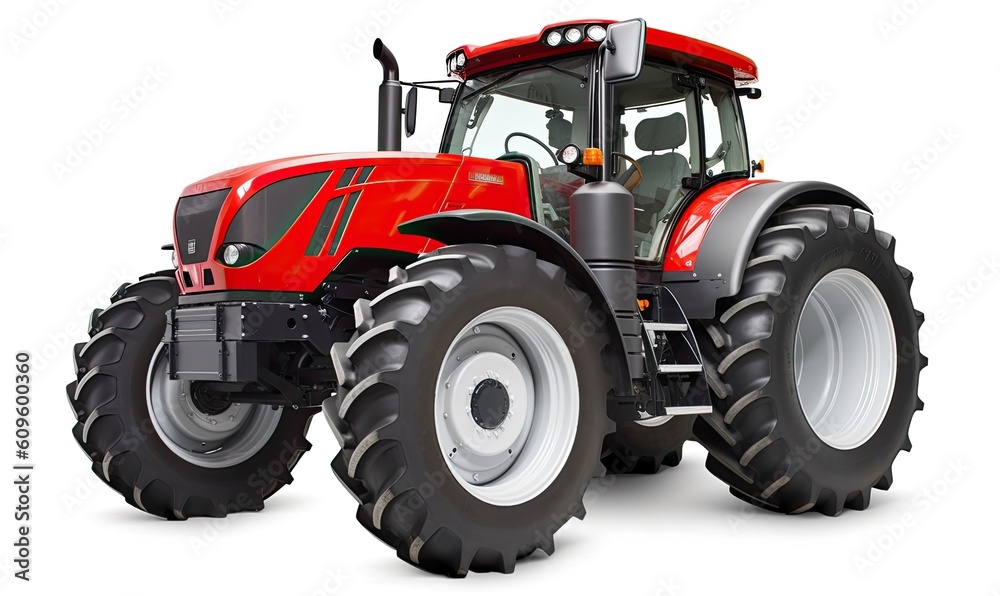 Red modern tractor for agricultural use on white backdrop. Creating using generative AI tools Red modern tractor for agricultural use on white backdrop. Creating using generative AI tools