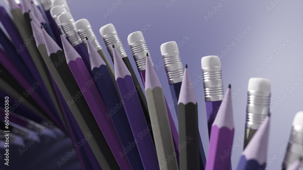 Abstract concept. Colored pencils are in a row. Conveyor movement. Office stationery is organized. Eraser on a pencil.