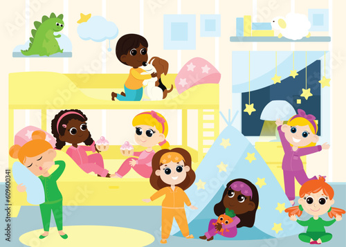 Children's pajama party in the bedroom in a cartoon style. Children eat cupcakes, play, dance, talk near the double bed. The picture can be used for puzzles.