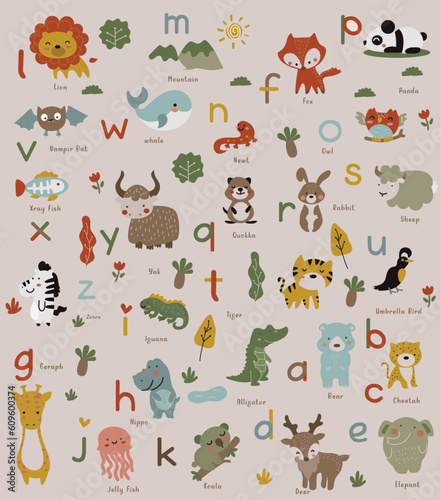 icon collection of cute animals smooth color letters a to z