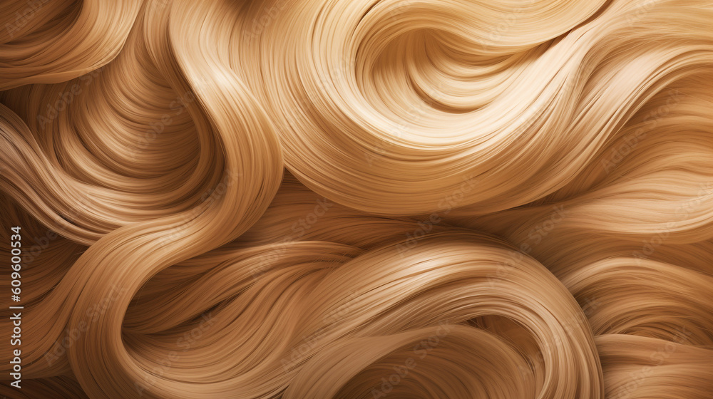 Close-up of wavy golden hair strands , beauty and fashion concept. Macro shot of  female blond  hair strands, top view. Hair care concept. Tuft Blonde hair.  Hair curling concept. AI generated