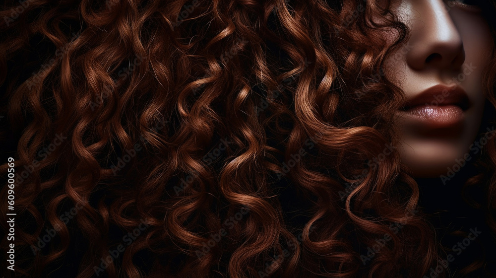 Portrait of a girl with curly red  hair on a black background.  Close-up. Beautiful red-haired girl with long curly hair, studio shot. AI generated