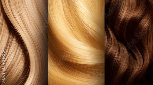 Close-up of hair strands studio shot, beauty and fashion concept. Macro shot of  dyed strands hair in natural colors, top view. Hair care concept. Tuft colored hair.  AI generated