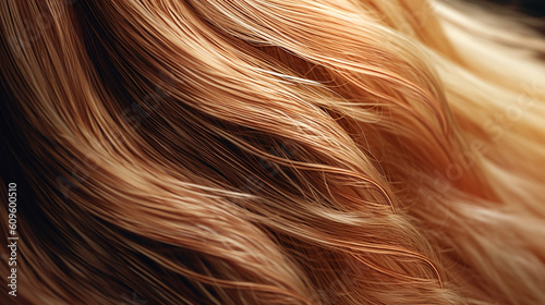 Strands of Beautiful long blonde wavy hair colored in light brown color. Closeup of beautiful curly hair. Beauty, Fashion. Hairdresser salon concept. Macro shot of female hair. AI generated
