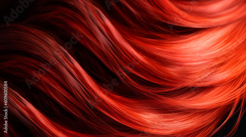 Close-up of red hair strands on dark background, beauty and fashion concept. Macro shot of red strands hair, top view. Hair care concept. Tuft red hair. AI generated