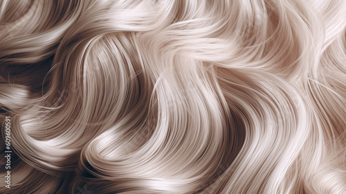 Close-up of curly blonde hair strands  beauty and fashion concept. Macro shot of  female blond  hair strands  top view. Hair care concept. Tuft Blonde hair.  AI generated