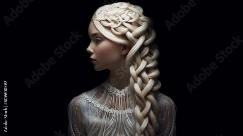 Young woman with  long braided blonde hair, profile view.  Hairdresser salon concept. Braided blonde  hairstyle. Model  with long creative braided hairstyle.  AI generated