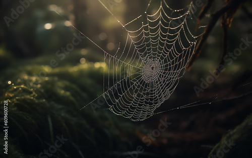 Spider web with dew drops in the morning. Generative AI technology.