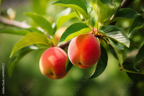 Natural Fruit. Peaches growing on a tree in the summer. Fresh peaches on tree branches. Delicious and healthy Organic nutrition. Garden with ripened fruits.  Generative AI.