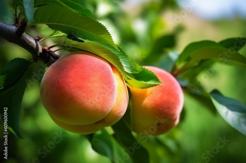 Natural Fruit. Peaches growing on a tree in the summer. Fresh peaches  on tree branches. Delicious and healthy organic nutrition. Garden with ripened fruits. Copy space. Generative AI.