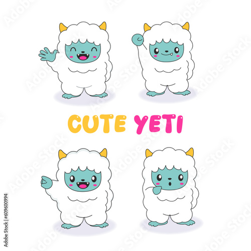 cute adorable little yeti character in blue and white fur, with various poses, for mascot graphic assets, stickers or icons