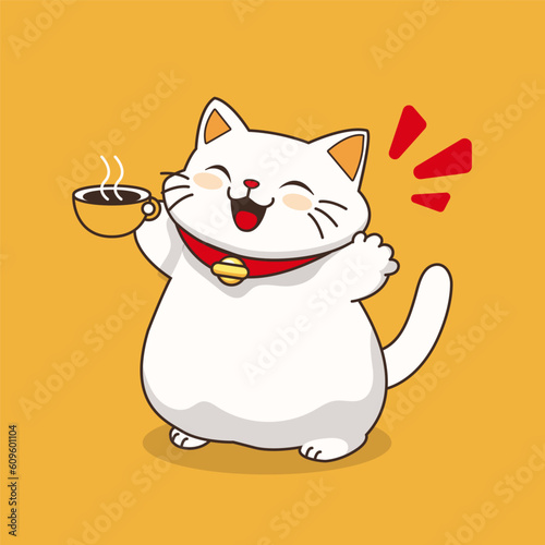 A cute adorable white cat mascot, wearing a red necklace and a bell, is drinking coffee
