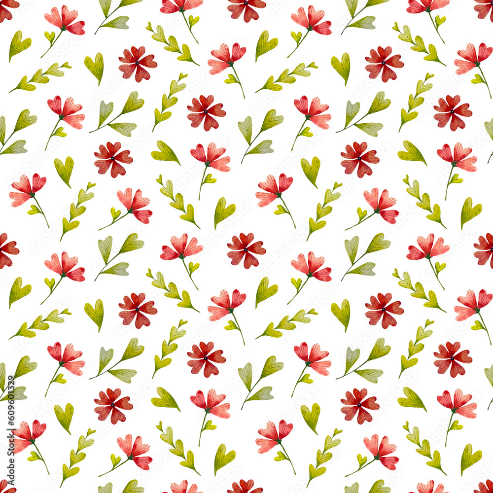 Watercolor stylised red flowers and herbs seamless pattern.  Floral background. Cute texture for decor, print, fabrics, covers, textile, wrapping paper.