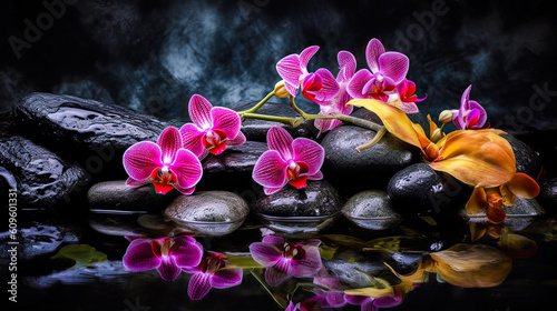 illustration of pink orchids on wet stones. Spa concept. background concept. generative AI
