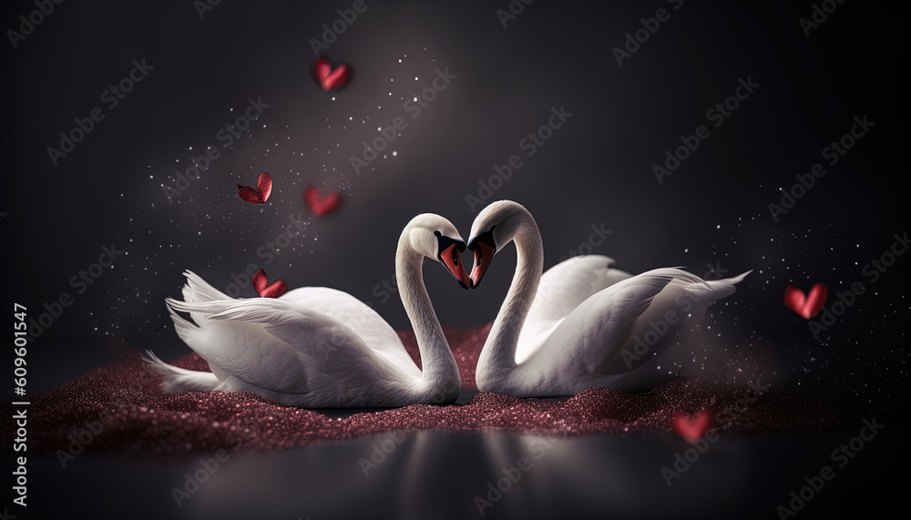 Couple of white swans and red hearts for valentine's day - obrazy, fototapety, plakaty 