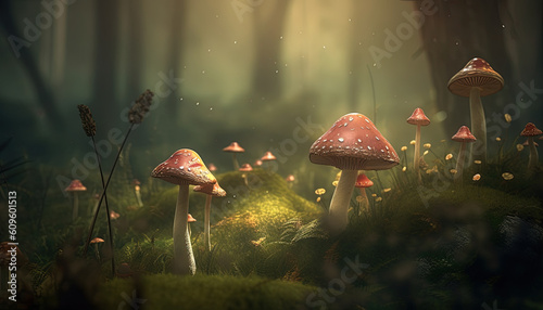 Red mushrooms in an idyllic with lights and blurred background