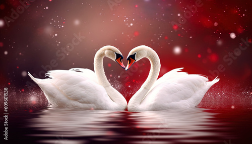 Fototapeta Naklejka Na Ścianę i Meble -  White swans couple on the lake with red gradient background for valentine's day