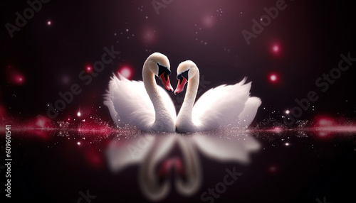 Fototapeta Naklejka Na Ścianę i Meble -  White swans on the lake with dark gradient background for valentine's day