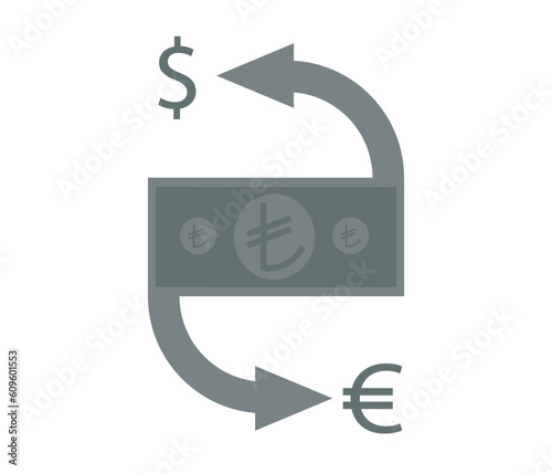 Turkish lira, dollar and euro symbol. currency depreciation and gain. economy concept vector.
