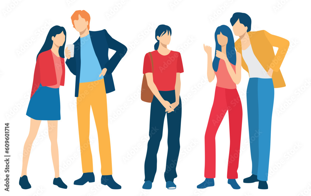 Obraz premium Set of young men and women, different colors, cartoon character, group of silhouettes of standing business people, students, the design concept of flat icon, isolated on white background