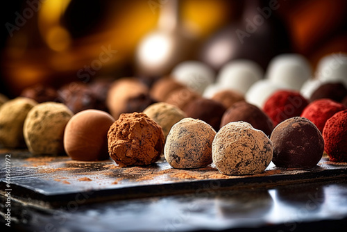 Irresistible flavors of Swiss chocolate truffles are arrayed in lines. (Generative AI)