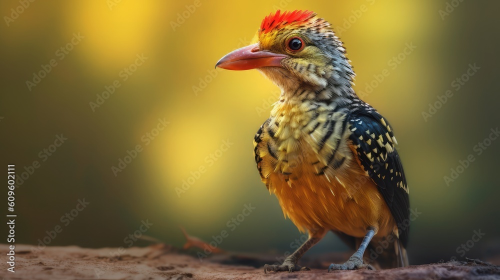 close up of a Red and yellow Barbet