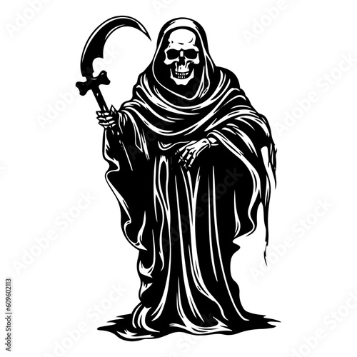 Intricately detailed hand drawn illustration of the Grim Reaper, embodying the dark allure of mortality and the unknown. Generative AI