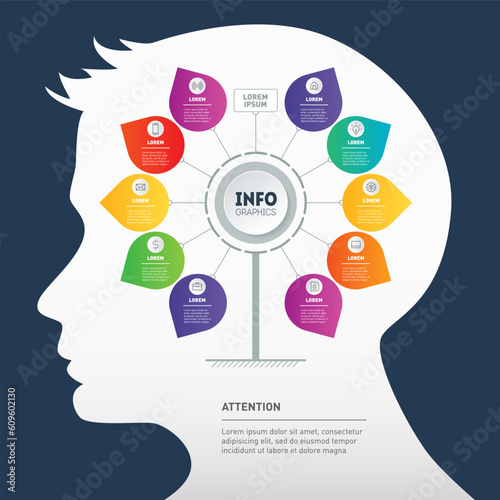 Infographics with silhouette of a human head. The mindmap. Presentation with 10 parts and icons.