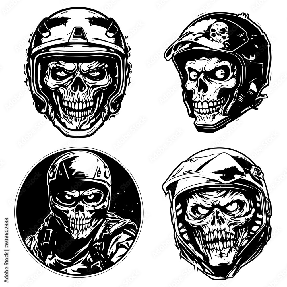Captivating illustration of a skull zombie in a biker helmet, creating a striking logo design that embodies a blend of horror, adventure, and the thrill of the open road Generative AI