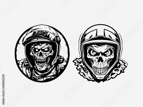 Unique hand drawn logo design featuring a skull zombie with a motorcycle biker helmet, representing rebellion, danger, and a fearless spirit Generative AI
