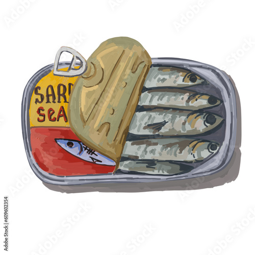 Hand drawn artistic food illustration of canned sardine fish