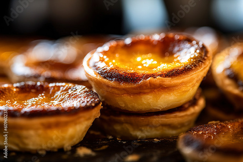 Delicate Portuguese pastéis de nata with creamy filling are served. (Generative AI)
