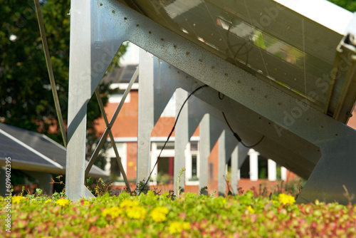 Green roof with solar panels. Sedum rooftop garden with photo voltaic. Sustainable foof garden with solar energy panels. 