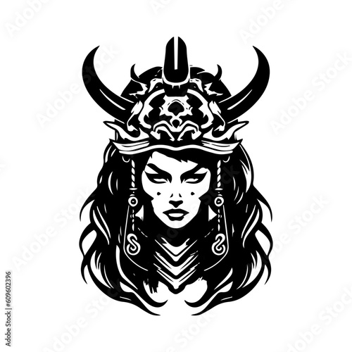 Eerie and captivating hand drawn illustration of a samurai girl, merging the realms of horror and ancient warrior spirit Generative AI