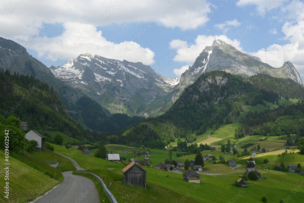 View of the swiss alps, Alpstein and Saentis mountain range, in the Appenzellerland and Toggenburg in Switzerland