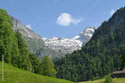 View of the swiss alps, Alpstein and Saentis mountain range, in the Appenzellerland and Toggenburg in Switzerland