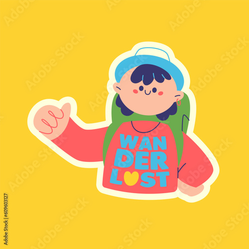 Travel Vector Retro Sticker, Pin, Stamp, Patch. Illustration concept. Trendy Cartoon style of 30s 40s. Around the World collection. Road Trip. The girl is hitchhiking. Thirst for adventure.